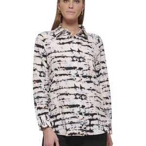 Dkny Black and White Tie-Dye Button Front Blouse